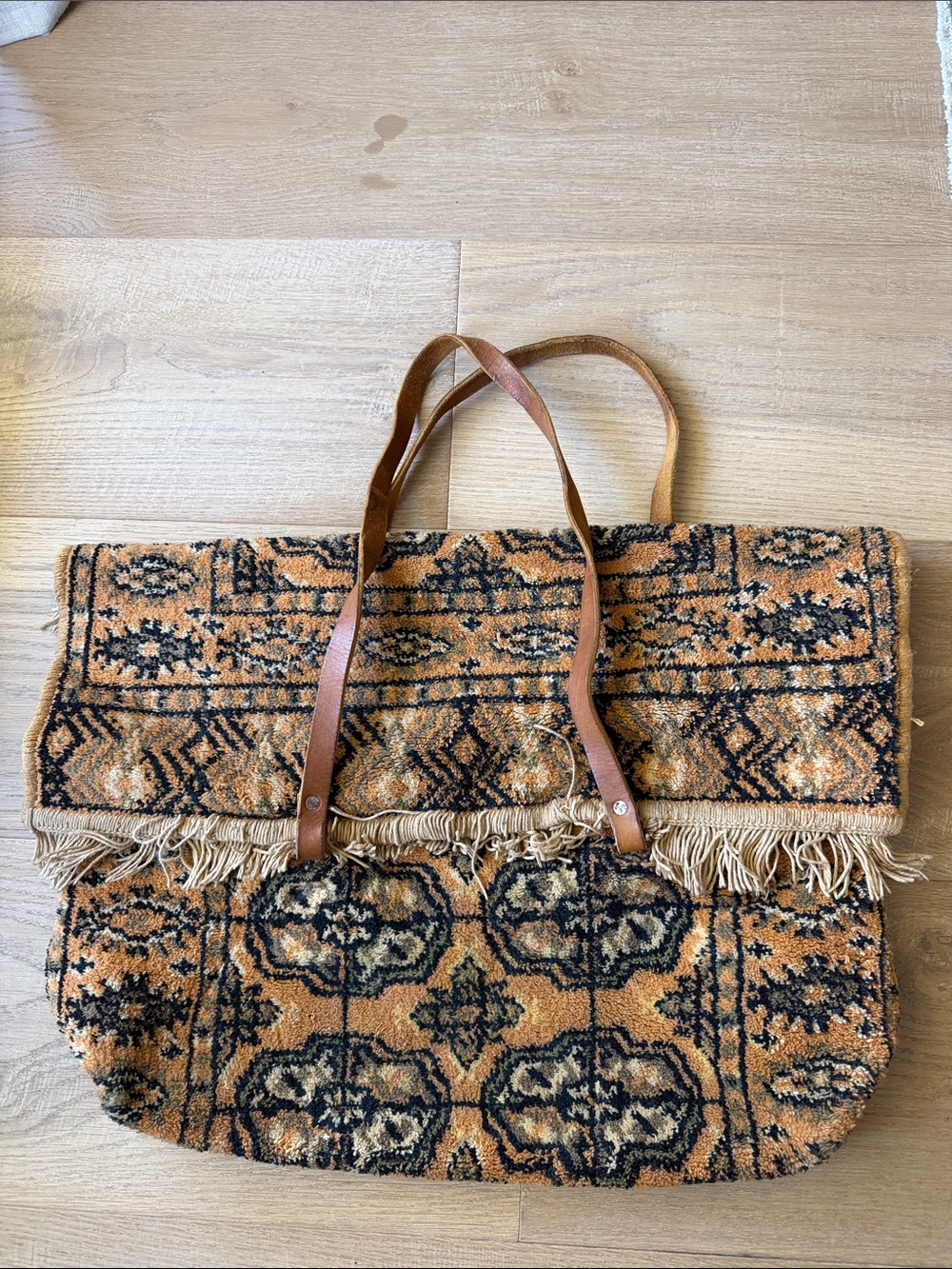 Tapestry Fringe Tote Bag in Tan and Black
